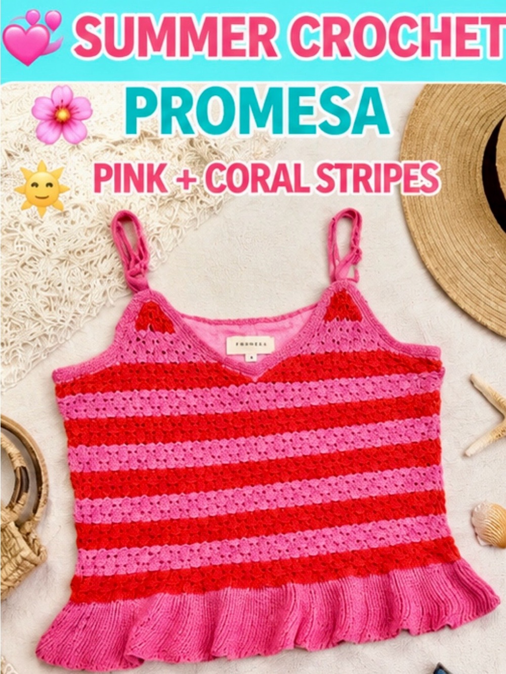 Promesa Crochet Knit Cami Pink Coral Stripe  Tank Top Medium Boho Cottagecore